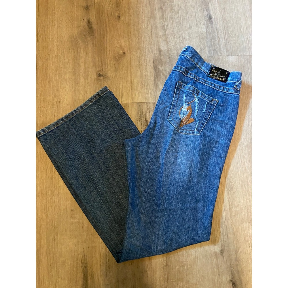 Baby Phat Jeans 18 Blue High-Rise Thrashed Flare Logo Y2K Streetwear McBling